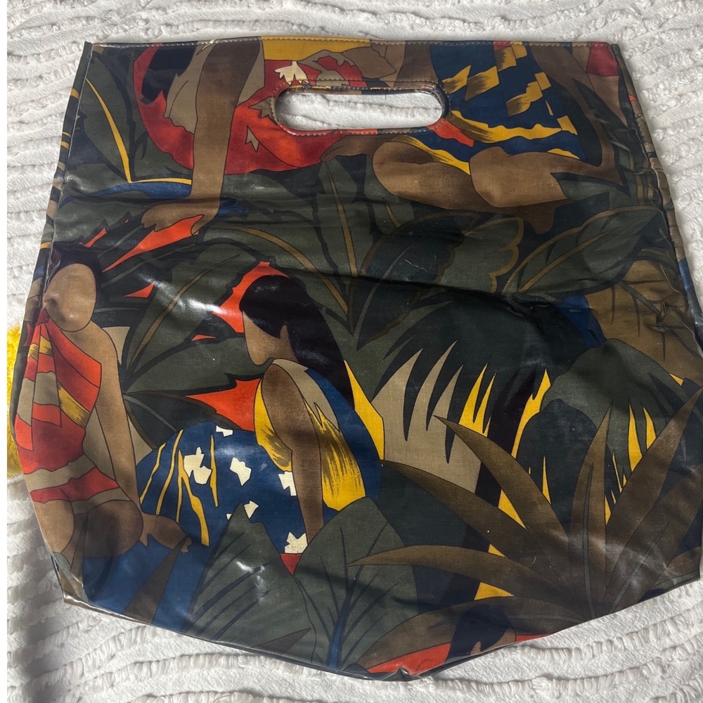 Estro di Firenze Vtg Italian Tropical Art Print Coated Cotton Foldover Clutch‎